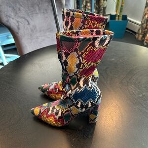 Multicolor Snake-Print Pointed Toe Ankle Boots